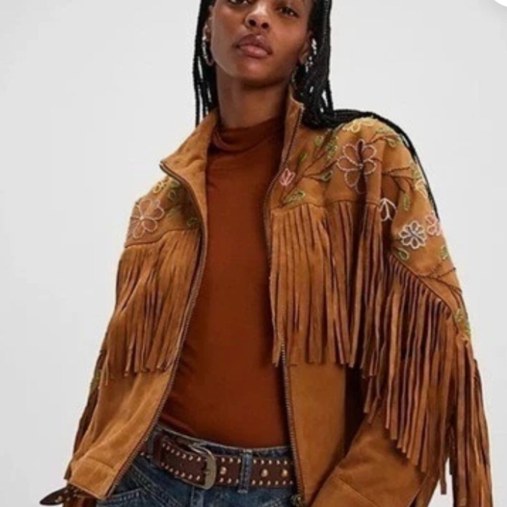 Free People Fringe Suede Jacket Embroidered Western Size Large